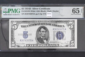 US 1934 D $5 PMG GEM 65/64 EPQ Silver Certificates 2 Concecutive Fr#1654Wi Wide