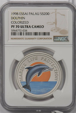Palau 1998 200 Dollars silver NGC Proof 70UC Essai Dolphin Colorized Perfect 70