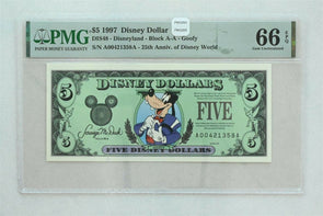 Disney Dollar 1997 $5 PMG Gem UNC 66EPQ DIS48. Goofy. 25th Anniv. of Disney Wor