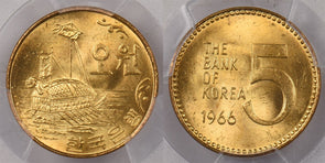 South Korea 1966 5 Won PCGS MS 65 Rare in MS 65, Brilliant Yellow Brass PC1364 c