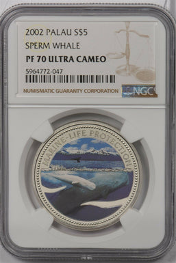 Palau 2002 5 Dollars silver NGC Proof 70UC Sperm Whale Perfect 70 NG1428 combine
