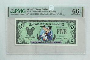 Disney Dollar 1997 $5 PMG Gem UNC 66EPQ DIS48. Goofy. View of World Disney Wor