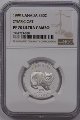Canada 1999 50 Cents Silver NGC Proof 70 Ultra Cameo Perfect 70 Cymric Cat NG158