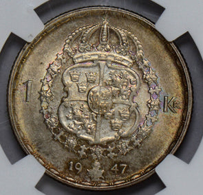 NG0218 Sweden 1947 TS Krona NGC MS 64 beautiful toning combine shipping