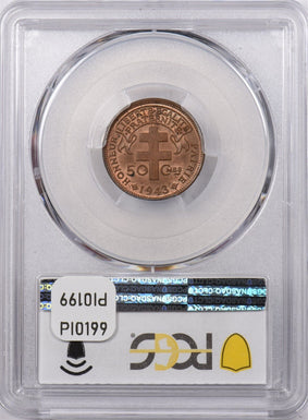 French Equatorial Africa 1943 SA 50 Centimes Rooster animal PCGS MS 64 RED BROWN