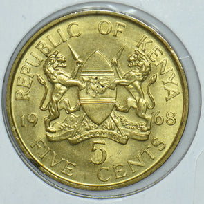 Kenya 1968 Mzeejomo Kenyatta 5 Cents Lions animal First President Of Kenya 19152