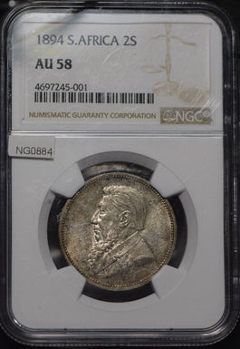 South Africa 1894 2 Shillings silver NGC AU58 rare this grade lustrous! NG0884 c