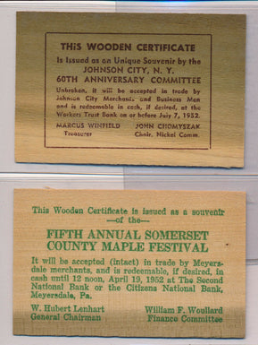 RC0112 1952 wooden certificate lot of 2 combine shipping