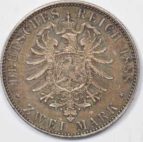 German States 1888 A 2 Mark UNC Prussia AU. Silver GE0164 combine shipping