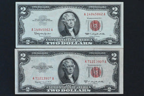 US 1953, 1963 B $2 VF+ and VF to XF United States Notes Red Seal Lot of 2 Notes