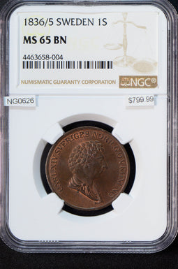 NG0626 Sweden 1836 /5 Skilling NGC MS65BN rare in this grade combine shipping