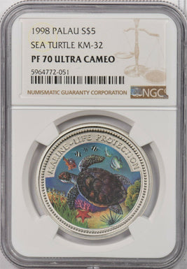 Palau 1998 5 Dollars silver Sea turtle. Dolphin animal NGC PF70UC Km 32 NG1283 c