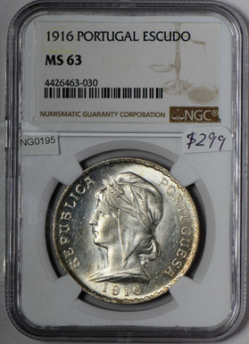 NG0195 Portugal 1916  Escudo NGC MS 63 rare in this grade combine shipping