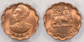 Ethiopia 1943~44 EE 1936 25 Cents Lion animal PCGS MS 64 RED Rare in Red KM-36 P