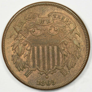 1865 Two Cent Piece Piece AU Mostly Brown U0359