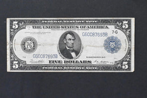 US 1914 $5 F-VF Federal Reserve Notes Large Size Blue Seal RN0044 combine shippi