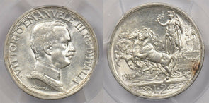 Italy 1914 R 2 Lire Horse animal PCGS MS 62 rare condition KM-55 PC1232 combine