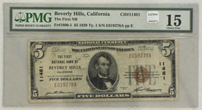 US 1929 National Currency Beverly Hills, California 5 Dollars CH#11461. The firs