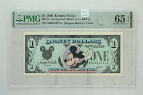 Disney Dollar 1989 Dollar PMG Gem UNC 65EPQ DIS11. Mickey. Sleeping Beauty's Ca