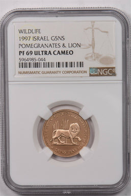 Israel 1997 5 New Sheqalim gold Lion animal NGC Proof 69 Ultra Cameo 0.25oz gold