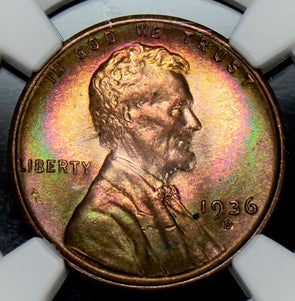 NG0268 1936 D Lincon Cent NGC MS 66RB gorgeous green and purple toning!