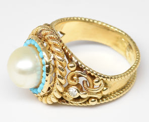 18K Gold Pearl Diamond Turquoise Ring 6.4g Diamond Pearl 8.04mm TCW 0.03ct Size
