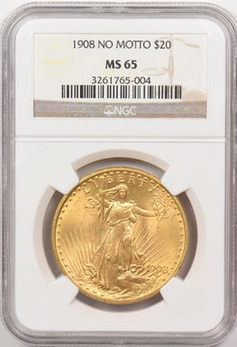 1908-No Motto $20, Double Eagle Gold Saint Guade NGC MS65 Gem! NG1688