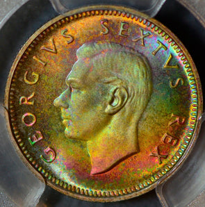 PC0011 1952 South Africa 6 Pence PCGS PR67 stunning toning