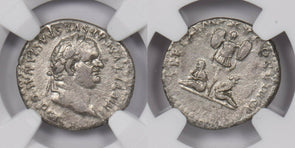 Roman Empire 79 -81 AD AR Denarius silver NGC CH VF 3.15g rv two captives std. a