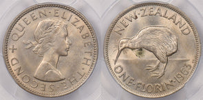 New Zealand 1963 Florin Kiwi Bird animal PCGS Genuine Environmental Damage-UNC D