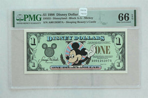 Disney Dollar 1998 Dollar PMG Gem UNC 66EPQ DIS53. Mickey. Sleeping Beauty's Ca