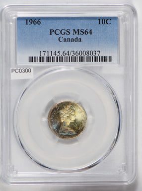 Canada 1966 10 Cents silver PCGS MS64 stunning blue golden toning PC0300 combine