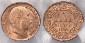 India British 1910 C 1/12 Anna PCGS MS 66 RED Finest Known in PCGS-Pop. 1 PC1317