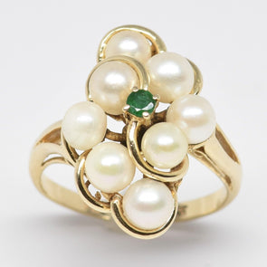 14K Gold Pearl Emerald Ring 4.35g Pearl 4.5mm Emerald .07ct Size 5.5 RG0232