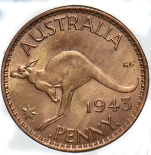 Australia 1943 UNC Cleaned Penny Kangaroo animal Georgivs VI 293332 combine ship