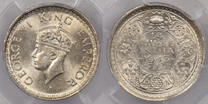 India British 1943 B 1/4 Rupee PCGS MS 64 SW-9.89, finest known PC1452 combine s