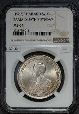 NG0430 Thailand 1963 20 Baht silver Rama IX 36th Birthday NGC MS64