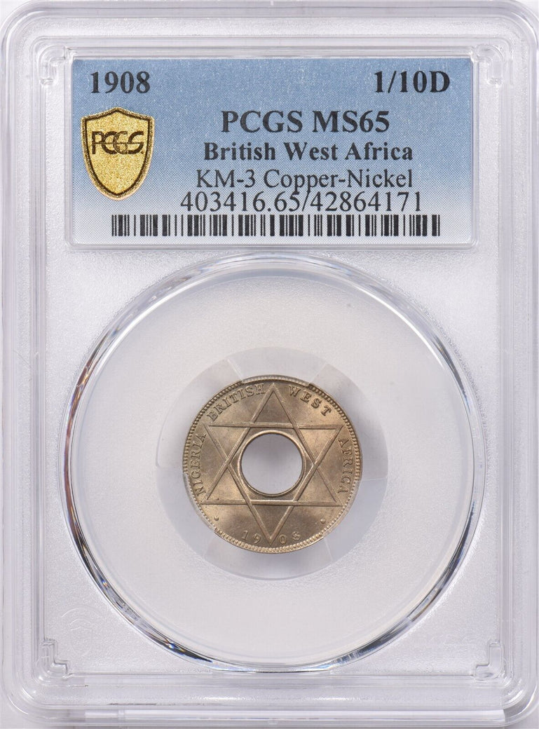 British West Africa 1908 1/10 Penny PCGS MS 65 KM-3 Copper-Nickel PI0183 combine