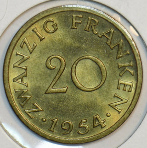 German States 1954 20 Franken Saarland 152111 combine shipping