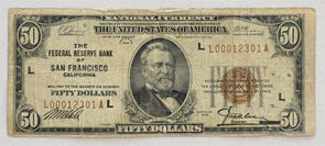 US 1929 National Currency 50 Dollars National currency. San Francisco. Small not