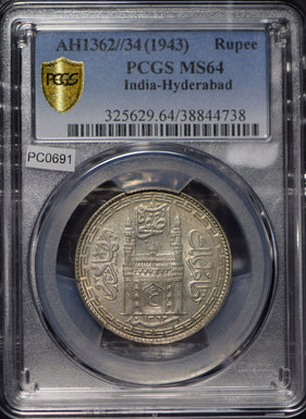 Princely States India 1943 AH 1362//34 Rupee PCGS MS64 PC0691 combine shipping