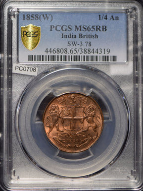 British India 1858 1/4 Anna Lion animal PCGS MS65RB rare this grade SW-3.78 PC07