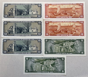 Peru 1972 ~75 5 Pesos, 10 Pesos, 50 Pesos Set of 7 CU Gem notes BL0104 combine s