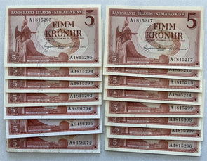 Landsbanki Islands (Iceland) 1957 5 Kroner Lot of 15 CU notes + 1 circ BL0101 co