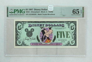 Disney Dollar 1987 $5 PMG Gem UNC 65EPQ DIS3. Goofy. Mark Twain Riverboat PM02