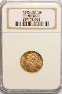 Danish West Indies 1905 4 Daler gold NGC MS64 NG1014 combine shipping