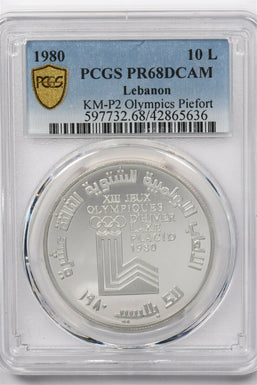Lebanon 1980 10 Livres silver PCGS PR68DCAM KM-P2 Olympics Piefort PC1206 combin