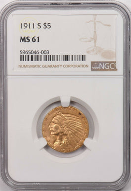 1911 S 5 Dollar Indian Head gold NGC MS 61 NG1023 combine shipping