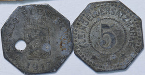 Germany 1917 5 Pfennig 2 coins Flensburg Valid and Devalued 293077 combine shipp