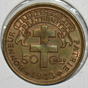 French Equatorial Africa 1943 50 Centimes Rooster animal UNC Cameroon 491405 com